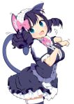  1girl animal_ear_fluff animal_ears aqua_eyes blush bow cat_ears cat_tail curly_hair cyan_(show_by_rock!!) dress fang frilled_bracelet frilled_shirt_collar frilled_skirt frilled_sleeves frills hair_ornament looking_at_viewer maid_headdress open_mouth paw_pose purple_dress purple_hair ringlets show_by_rock!! simple_background skirt smile solo tail thigh-highs tottotonero 