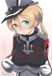  1girl ahenn aqua_eyes blonde_hair blush breasts commentary_request eyebrows_visible_through_hair gradient gradient_background hair_between_eyes hat kantai_collection large_breasts long_hair long_sleeves military military_hat military_uniform motion_lines open_mouth peaked_cap prinz_eugen_(kantai_collection) solo twitter_username uniform upper_body 
