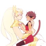  2girls adora_(she-ra) animal_ears arms_around_waist blonde_hair blue_eyes bracer cat_ears cat_girl cat_tail catra couple eye_contact highres long_hair looking_at_another masters_of_the_universe multiple_girls ponytail she-ra_and_the_princesses_of_power short_hair simple_background sitting sitting_on_lap sitting_on_person size_difference sleeveless smile spoilers su_ggushi tail tall_female tiara very_long_hair white_background winged_hair_ornament yuri 