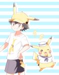  1boy alternate_costume animal_ear_hat black_hair brown_eyes clothed_pokemon gen_1_pokemon hat lightning_bolt looking_at_viewer male_focus mei_(maysroom) one_eye_closed pikachu pokemon pokemon_(anime) sailor_collar sailor_hat sailor_shirt satoshi_(pokemon) shirt spiky_hair striped striped_background tagme tie_print white_shirt 