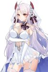  1girl absurdres antenna_hair azur_lane bangs bare_shoulders breasts bridal_gauntlets bridal_veil closed_mouth commentary_request dress eyebrows_visible_through_hair garter_straps headgear highres korean_commentary large_breasts lillly long_hair looking_at_viewer mixed-language_commentary multicolored_hair navel orange_eyes prinz_eugen_(azur_lane) prinz_eugen_(symphonic_fate)_(azur_lane) redhead see-through simple_background smile solo standing streaked_hair swept_bangs thigh-highs thighs two_side_up veil very_long_hair wedding_dress white_background white_dress white_hair white_legwear 