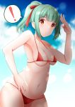  ! 1girl absurdres bikini blue_sky breasts clouds cowboy_shot green_hair hand_on_hip highres kantai_collection leaning_forward long_hair looking_at_viewer medium_breasts orange_eyes ponytail red_bikini sky small_breasts solo spoken_exclamation_mark swimsuit tonbury yuubari_(kantai_collection) 