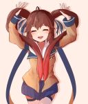  1girl absurdres ahoge blazer blue_ribbon blue_skirt brown_hair closed_eyes cowboy_shot drop_shadow facing_viewer girls_frontline gradient_hair hair_ribbon hands_up highres jacket laughing llpfmfc long_hair m14_(girls_frontline) multicolored_hair open_mouth pink_background playing_with_own_hair pleated_skirt redhead ribbon service_ribbon sidelocks skirt solo thigh-highs twintails very_long_hair younger zettai_ryouiki 