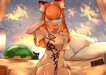  1girl absurdres andou_inari android animal_ear_fluff animal_ears bare_shoulders bed_sheet between_legs blue_eyes breasts choumi_wuti_(xueye_fanmang_zhong) clock clothes_writing collarbone digital_clock feet_out_of_frame fox_ears glowing glowing_eye hand_between_legs hand_up highres joints long_hair medium_breasts off-shoulder_shirt off_shoulder one_eye_closed open_mouth orange_hair pillow robot_joints shirt silhouette sitting solo translation_request turtle_shell virtual_youtuber virtuareal white_shirt 