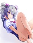  1girl bangs bare_legs blue_eyes bow bronya_zaychik commentary crop_top crossed_bangs drill_hair earrings hair_bow highres honkai_(series) honkai_impact_3rd jewelry legs long_hair looking_at_viewer neckerchief one-piece_swimsuit parted_lips sailor_collar school_swimsuit sidelocks silver_hair simple_background sitting solo swimsuit swimsuit_under_clothes twin_drills yamabuki0 