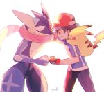  1boy baseball_cap blue_jacket closed_eyes denim fingerless_gloves fist_bump gen_1_pokemon gen_6_pokemon gloves greninja hat jacket jeans leather leather_gloves male_focus mei_(maysroom) on_shoulder pants pikachu pokemon pokemon_(anime) pokemon_(creature) pokemon_on_shoulder pokemon_xy_(anime) satoshi_(pokemon) sweat tagme tired 