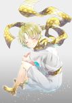  1boy baggy_clothes bangs blonde_hair blush closed_eyes closed_mouth eyebrows_visible_through_hair fate/grand_order fate/requiem fate_(series) floating floating_object full_body glowing gradient gradient_background highres male_focus parted_bangs scarf short_sleeves simple_background sitting smile solo sparkle user_xwkj3533 voyager_(fate/requiem) yellow_scarf 