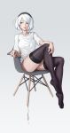  1girl bangs black_hairband black_legwear blue_eyes bob_cut bottomless chair chinese_commentary collarbone commentary hairband highres knee_up lips lipstick looking_away makeup nier_(series) nier_automata no_shoes on_chair p21752090 shirt short_hair simple_background sitting stool swept_bangs t-shirt thigh-highs white_background white_hair white_shirt yorha_no._2_type_b 