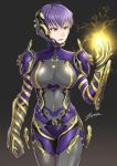  1girl ahoge character_request commission english_commentary gold_trim headgear long_hair looking_at_hand magic parted_lips power_suit purple_hair signature skin_tight solo tsurime very_long_hair warframe yellow_eyes zxpfer 