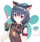  1girl absurdres animal_ears bangs bare_shoulders black_hair black_hairband black_shirt blush bow brown_bow brown_gloves brown_neckwear brown_vest cat_ears cat_teaser closed_mouth collared_shirt commentary_request eyebrows_visible_through_hair gloves hair_between_eyes hair_bow hairband heart highres holding idolmaster idolmaster_shiny_colors kemonomimi_mode looking_at_viewer low_twintails morino_rinze necktie ohihil polka_dot polka_dot_bow polka_dot_neckwear shirt short_twintails sleeveless sleeveless_shirt smile solo twintails upper_body vest violet_eyes white_background 
