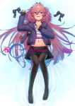  1boy absurdres astolfo_(fate) black_legwear bow collarbone fang fate/apocrypha fate/grand_order fate_(series) hair_bow hair_intakes hair_ribbon highres jacket long_braid looking_at_viewer male_focus multicolored_hair navel no_shoes otoko_no_ko pantyhose pink_hair pleated_skirt purple_bow purple_jacket ribbon shirt skin_fang skirt solo streaked_hair striped striped_shirt tihoro1609 violet_eyes 