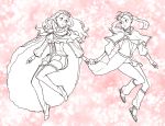  2girls :o absurdres black_clover breasts cape capelet commentary_request cousins eye_contact highres kazami_(wk) large_breasts long_hair looking_at_another looking_to_the_side mimosa_vermilion monochrome multiple_girls noelle_silva pink_background sandals smile socks thigh-highs twintails 