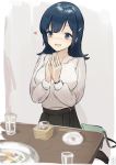  1girl alternate_costume alternate_hairstyle blouse blue_eyes blue_hair box commentary_request cowboy_shot glass hair_down kantai_collection long_hair smile solo souryuu_(kantai_collection) table white_blouse yamashiki_(orca_buteo) 