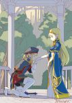  1boy 1girl blonde_hair blue_dress blue_eyes blue_headwear blue_shirt circlet closed_eyes dress earrings fingerless_gloves gazebo gloves hand_kiss jewelry kiss kneeling link long_hair looking_at_another master_sword pointy_ears princess_zelda sad shirt tetora_(ttr2011) the_legend_of_zelda the_legend_of_zelda:_breath_of_the_wild tree white_footwear white_gloves 