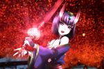  bare_shoulders bob_cut breasts fate/grand_order fate_(series) genya_(genya67) glowing highres holding holding_sword holding_weapon horns japanese_clothes kimono looking_at_viewer oni oni_horns open_clothes open_kimono open_mouth purple_hair purple_kimono qisha_tianling revealing_clothes seiyuu_connection short_hair shuten_douji_(fate/grand_order) skin-covered_horns small_breasts smile sword thunderbolt_fantasy violet_eyes weapon yuuki_aoi 