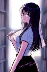  1girl bangs black-framed_eyewear black_hair black_skirt blurry blurry_background book bookshelf bookstore breasts character_name commentary_request copyright_name cowboy_shot from_side glasses himawari-san himawari-san_(character) indoors lips long_hair looking_at_viewer medium_breasts multicolored_hair purple_hair shirt shop skirt solo standing sugano_manami two-tone_hair violet_eyes white_shirt 