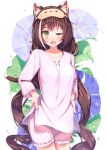  1girl animal_ear_fluff animal_ears bangs blue_flower blush breasts brown_hair cat_ears cat_girl cat_tail collarbone commentary_request ears_visible_through_hair fang floral_print flower frills green_eyes highres jiyasu karyl_(princess_connect!) long_hair long_sleeves looking_at_viewer low_twintails medium_breasts multicolored_hair one_eye_closed open_mouth pink_shirt pink_shorts princess_connect! princess_connect!_re:dive shirt shorts solo streaked_hair tail twintails very_long_hair water_drop white_background white_hair 