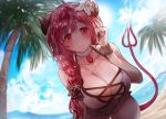  1girl beach blue_sky braid breasts clouds collarbone curled_horns day demon_girl demon_horns demon_tail eyebrows_visible_through_hair highres horns io_(princess_connect!) large_breasts long_hair looking_at_viewer one-piece_swimsuit outdoors palm_tree princess_connect! princess_connect!_re:dive red_eyes red_tail redhead single_braid sky smile solo suru_(ksoo420) swimsuit tail tree white_swimsuit 