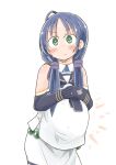  1girl :&lt; blue_hair blush enjaku_izuku green_eyes hands_on_stomach highres kantai_collection low_twintails pregnant solo suzukaze_(kantai_collection) twintails white_background 