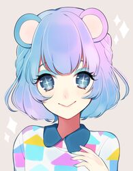  +_+ 1girl :&gt; animal_ears bangs bear_ears blue_eyes blue_eyeshadow blue_hair blue_nails closed_mouth doubutsu_no_mori eyeshadow fingernails gradient_hair hand_up looking_at_viewer makeup mamio_(pixiv45381719) misuzu_(doubutsu_no_mori) multicolored multicolored_hair multicolored_nails personification pink_hair pink_nails solo upper_body 