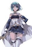  1girl absurdres blue_eyes blue_hair breasts capelet cloak detached_sleeves expressionless gloves hand_on_hip highres looking_at_viewer mahou_shoujo_madoka_magica midriff miki_sayaka misteor musical_note_hair_ornament saber_(weapon) short_hair small_breasts solo sword thigh-highs thighs weapon white_background white_capelet white_gloves white_legwear zettai_ryouiki 