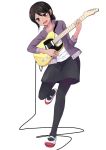  1girl :d black_hair black_legwear black_skirt blush dark_skin deepa_mitra electric_guitar english_commentary guitar instrument jacket music new_horizon open_mouth pantyhose playing_instrument purple_jacket red_pupils sakiwafu skirt smile solo standing standing_on_one_leg telecaster 