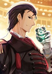  1boy black_eyes black_hair cravat cup fire_emblem fire_emblem:_thracia_776 fire_emblem_heroes gloves goblet highres looking_at_viewer nakabayashi_zun red_neckwear reinhardt_(fire_emblem) smile 