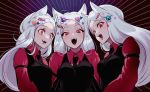  3girls aki_(xxparadexx) animal_ears black_vest blush breasts cerberus_(helltaker) collared_shirt dog_ears dog_girl fang fangs grey_hair helltaker highres large_breasts long_hair looking_at_viewer multiple_girls necktie open_mouth red_eyes red_shirt saliva shirt smile sticker triplets vest white_hair 