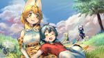  4girls :3 :d ^_^ animal_ear_fluff animal_ears bangs belt black_hair blonde_hair blue_sky bow bowtie closed_eyes clouds commentary_request common_raccoon_(kemono_friends) day elbow_gloves extra_ears fennec_(kemono_friends) fox_ears gloves grass hat hat_feather hat_removed headwear_removed high-waist_skirt highres kaban_(kemono_friends) kemono_friends lying multiple_girls nature on_lap open_mouth outdoors parted_lips print_bow print_gloves print_neckwear print_skirt raccoon_ears raccoon_tail red_shirt rock serval_(kemono_friends) serval_print shirt short_hair shorts signature skirt sky smile tail tree welt_(kinsei_koutenkyoku) white_shirt white_shorts yellow_eyes 