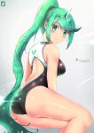  1girl armor artist_logo artist_name ass back blush breasts chinchongcha glowing gradient gradient_background green_eyes green_hair hair_ornament headpiece highres large_breasts lens_flare long_hair looking_at_viewer one-piece_swimsuit pneuma_(xenoblade) ponytail pose simple_background smile solo swimsuit tiara xenoblade_(series) xenoblade_2 