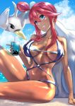  1girl artist_name bangs blue_eyes blush breasts clenched_teeth clouds collarbone commentary_request cup day drinking_straw eyelashes fuuro_(pokemon) gen_5_pokemon gym_leader hair_between_eyes hair_ornament highres holding holding_cup large_breasts long_hair navel outdoors pokemon pokemon_(creature) pokemon_(game) pokemon_bw purple_swimsuit redhead shiny shiny_hair shiny_skin sidelocks sitting sky smile swanna swimsuit teeth uenoryoma water watermark 