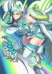  1girl bare_shoulders brown_eyes closed_fan collarbone fan feathered_wings feathers floating folding_fan gesogeso gloves glowing green_footwear green_gloves green_hair green_legwear green_theme headgear highres long_hair multiple_wings original solo surfing sword thigh-highs weapon wings 