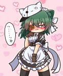  1girl @_@ alternate_costume anger_vein animal_ear_fluff animal_ears animal_hat apron asimo953 back_bow bangs black_legwear blush bow breasts brown_gloves cat_ears cat_hat commentary_request cowboy_shot dress embarrassed enmaided eyebrows_visible_through_hair eyepatch frilled_apron frilled_dress frills gloves green_eyes green_hair hair_between_eyes hat heart heart_background highres kantai_collection kemonomimi_mode kiso_(kantai_collection) maid maid_apron maid_dress maid_headdress medium_breasts medium_hair nose_blush pink_background puffy_short_sleeves puffy_sleeves remodel_(kantai_collection) short_sleeves sidelocks solo speech_bubble standing sweatdrop thigh-highs white_apron white_bow zettai_ryouiki 