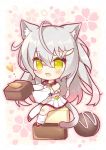  1girl ahoge animal_ear_fluff animal_ears bandaged_leg bandages bangs blush cat_ears cat_tail chibi commentary crop_top detached_sleeves eyebrows_visible_through_hair fang floral_background food food_request hair_between_eyes hair_ornament hairclip holding holding_food jewelry kuro_(sakura_moyu) long_hair looking_at_viewer necklace open_mouth pleated_skirt ryuuka_sane sakura_moyu sidelocks sitting_on_food skin_fang skirt solo tail white_hair white_skirt white_sleeves yellow_eyes 