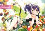  1girl :&lt; absurdres animal_ears black_panties bow cat_ears cat_tail chin_rest dress english_text eretto food fruit fur_trim grapes green_dress green_eyes high_heels highres huge_filesize karyl_(princess_connect!) long_hair looking_at_viewer lying multicolored_hair panties ponytail princess_connect! princess_connect!_re:dive purple_hair ribbon scan side-tie_panties side_slit solo strapless strapless_dress streaked_hair tail tail_bow thigh-highs underwear white_legwear wrist_ribbon 