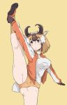  animal_ears bangs breasts brown_eyes brown_hair buruma cardigan cowboy_shot extra_ears eyebrows_visible_through_hair grey_hair horizontal_pupils horns kemono_friends leg_up light_brown_hair long_sleeves looking_up medium_breasts medium_hair multicolored_hair myanmar_(tenrai_ha) open_cardigan open_clothes outstretched_arms outstretched_leg parted_lips pronghorn_(kemono_friends) shirt shoe_soles shoes simple_background split sportswear spread_legs standing standing_on_one_leg standing_split stretch sweat tail yellow_background 