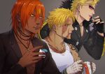  3boys ashwatthama_(fate/grand_order) bangs beard beowulf_(fate/grand_order) biker_clothes bikesuit blonde_hair chest dark_skin dark_skinned_male face_jewel facial_hair fate/grand_order fate_(series) fingerless_gloves gloves holding iduhara_jugo jacket jewelry leather leather_jacket long_sleeves looking_to_the_side male_focus multiple_boys muscle necklace open_mouth pectorals red_eyes redhead sakata_kintoki_(fate/grand_order) sakata_kintoki_rider_(fate/grand_order) scar shirtless sunglasses tank_top tattoo upper_body yellow_eyes 