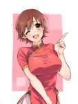  1girl ;d blush brown_hair china_dress chinese_clothes dress highres honda_mio idolmaster idolmaster_cinderella_girls index_finger_raised looking_at_viewer na_greentea0302 one_eye_closed open_mouth pink_background red_dress shiny shiny_hair short_hair short_sleeves sketch smile solo standing two-tone_background white_background yellow_eyes 