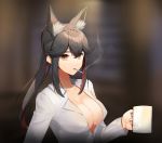  1girl animal_ear_fluff animal_ears arknights bangs black_hair blurry blurry_background breasts brown_eyes cigarette collarbone commentary_request cup eyebrows_visible_through_hair hair_between_eyes highres holding holding_cup large_breasts long_hair long_sleeves looking_at_viewer mouth_hold mug multicolored_hair penguin_logistics_logo redhead shirt shovelwell sidelocks smoke smoking solo streaked_hair texas_(arknights) upper_body white_shirt wolf_ears 