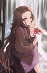  1girl absurdres blurry blurry_background brown_hair closed_mouth day flower hair_ribbon haori highres holding holding_flower japanese_clothes kamado_nezuko kimetsu_no_yaiba kimono long_hair long_sleeves looking_at_viewer outdoors pink_eyes purple_kimono red_flower ribbon sitting smile solo tomo_527 very_long_hair white_ribbon wide_sleeves 