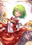  1girl blurry blurry_background cherry_blossoms commentary_request cravat day eyebrows_visible_through_hair floating_hair flower green_hair hair_between_eyes highres kazami_yuuka kkkk12103 leaning_to_the_side lifted_by_self long_skirt long_sleeves open_clothes open_vest outdoors parted_lips petticoat plaid plaid_skirt plaid_vest red_eyes shirt short_hair skirt skirt_hold skirt_lift solo sunflower touhou tree_branch vest water_drop white_shirt yellow_neckwear 