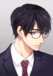  1boy 46tani black-framed_eyewear black_hair blue_eyes dated formal glasses grey_background looking_at_viewer male_focus necktie original parted_lips pixiv_username red_neckwear solo suit twitter_username upper_body 