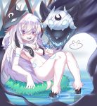  1girl absurdres animal_nose black_fur blue_tongue blush breasts bug butterfly furry hair_between_eyes highres insect kindred knees_together_feet_apart lamb_(league_of_legends) league_of_legends long_hair mask mask_on_head medium_breasts sheep sheep_girl snout user_cpsf8285 violet_eyes white_fur wolf_(league_of_legends) 