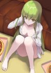  1girl ass breasts c.c. code_geass collared_shirt couch feet food from_above green_hair knees_up long_hair looking_at_viewer medium_breasts naked_shirt on_floor pizza shirt sitting solo tea_(nakenashi) thighs very_long_hair white_shirt yellow_eyes 