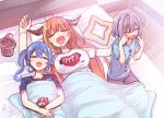  3girls =_= ahoge alternate_costume amane_kanata bed blush breasts commentary_request hikawa_shou hololive horns hoshimachi_suisei kiryuu_coco large_breasts long_hair multiple_girls open_mouth pot sakura_miko short_hair sleeping virtual_youtuber waking_up 