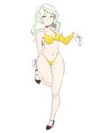  1girl artist_request bare_shoulders bikini choker diana_cavendish green_hair high_heels highleg highleg_bikini highres little_witch_academia multicolored_hair navel pyramid_(geometry) red_choker signature simple_background solo swimsuit two-tone_hair white_background yellow_bikini 