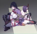  2girls back-to-back bound bound_together breasts chichizuki_(manman-ya) crossed_legs fate/grand_order fate_(series) horns large_breasts long_hair minamoto_no_raikou_(fate/grand_order) multiple_girls off-shoulder_kimono oni_horns purple_hair rope shuten_douji_(fate/grand_order) sitting violet_eyes 