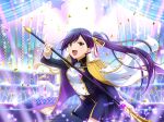  cape dress long_hair lui_meifan ponytail purple_hair red_eyes shoujo_kageki_revue_starlight smile sword 