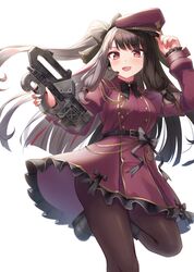  1girl :d arm_up armband bangs black_bow black_footwear black_hair boots bow breasts brown_dress brown_headwear brown_legwear dress eyebrows_visible_through_hair frilled_dress frills gohei_(aoi_yuugure) grey_hair gun hat headset highres holding holding_gun holding_weapon long_hair long_sleeves medium_breasts multicolored_hair nijisanji open_mouth pantyhose peaked_cap red_eyes redhead simple_background sleeves_past_wrists smile solo standing standing_on_one_leg streaked_hair striped striped_bow two-tone_hair two_side_up very_long_hair virtual_youtuber weapon weapon_request white_background yorumi_rena 