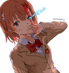  1girl biribiri blood blood_on_face bow bowtie brown_eyes brown_hair flower ha_neko hair_flower hair_ornament injury misaka_mikoto school_uniform simple_background to_aru_kagaku_no_railgun to_aru_majutsu_no_index tokiwadai_school_uniform torn_clothes twitter_username white_background 